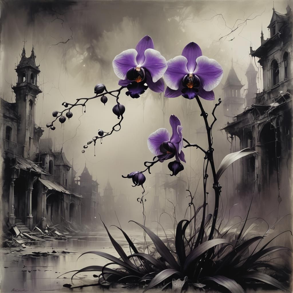 Violet Orchid in Abandoned Town, Surreal Art