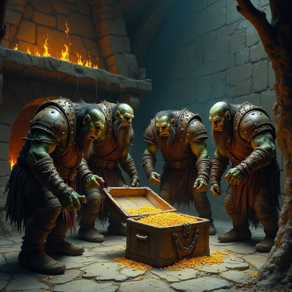 Orcs Gather Around Treasure in a Dark, Gritty Chamber