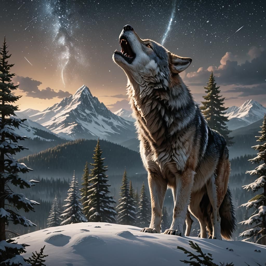 Gray Wolf Howling in Starry Pine Forest