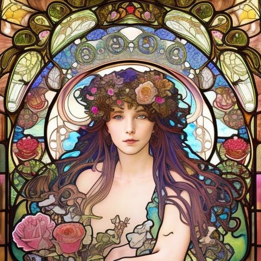 Stained Glass Roses in Art Nouveau Style