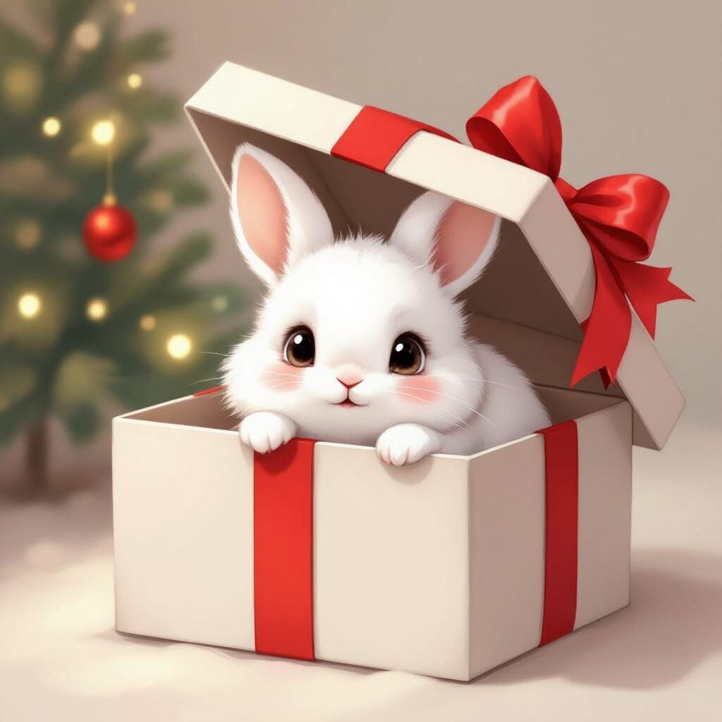 Cute Bunny Peeking from Christmas Gift Box in Shojo Style