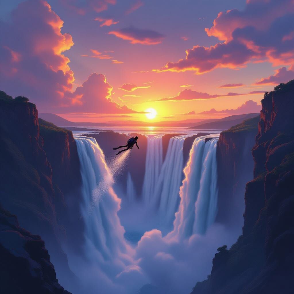 Diver Plunging from Waterfall at Sunset in Fantasy Art Style