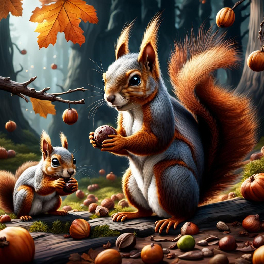 Squirrels Gathering Nuts: Detailed Matte Painting