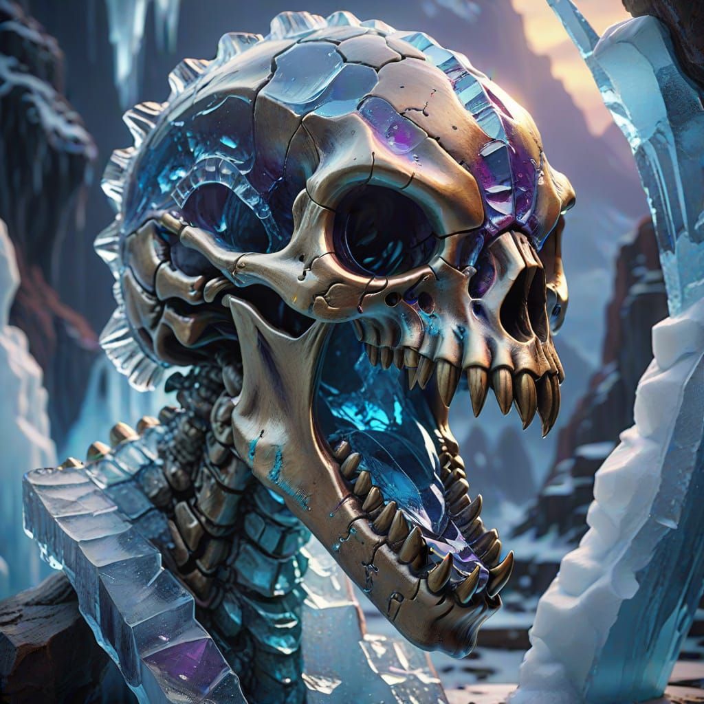 Vibrant Ice Raptor Skull Sculpture in Eerie Landscape