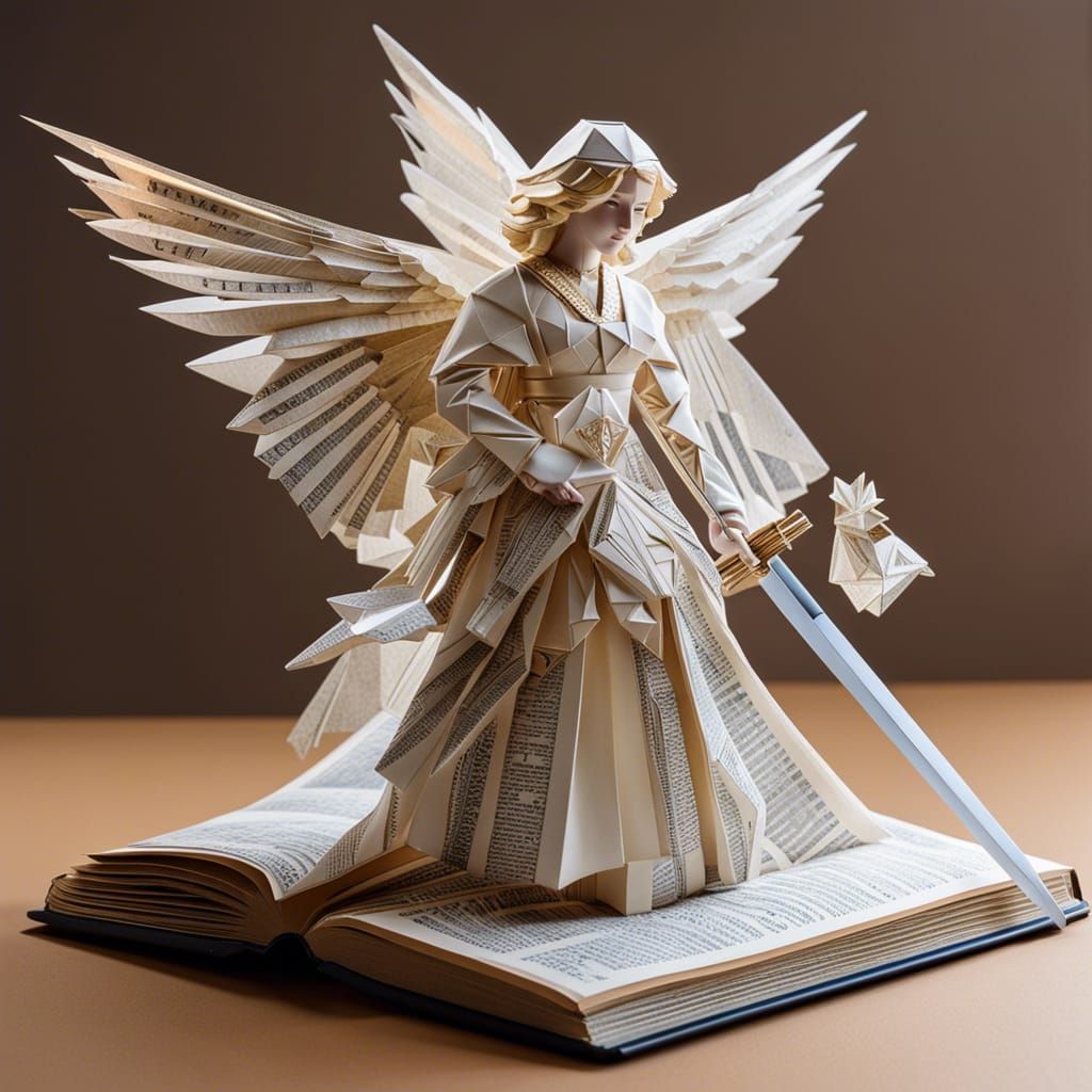 Low Poly Origami Angel with Newspaper Sword