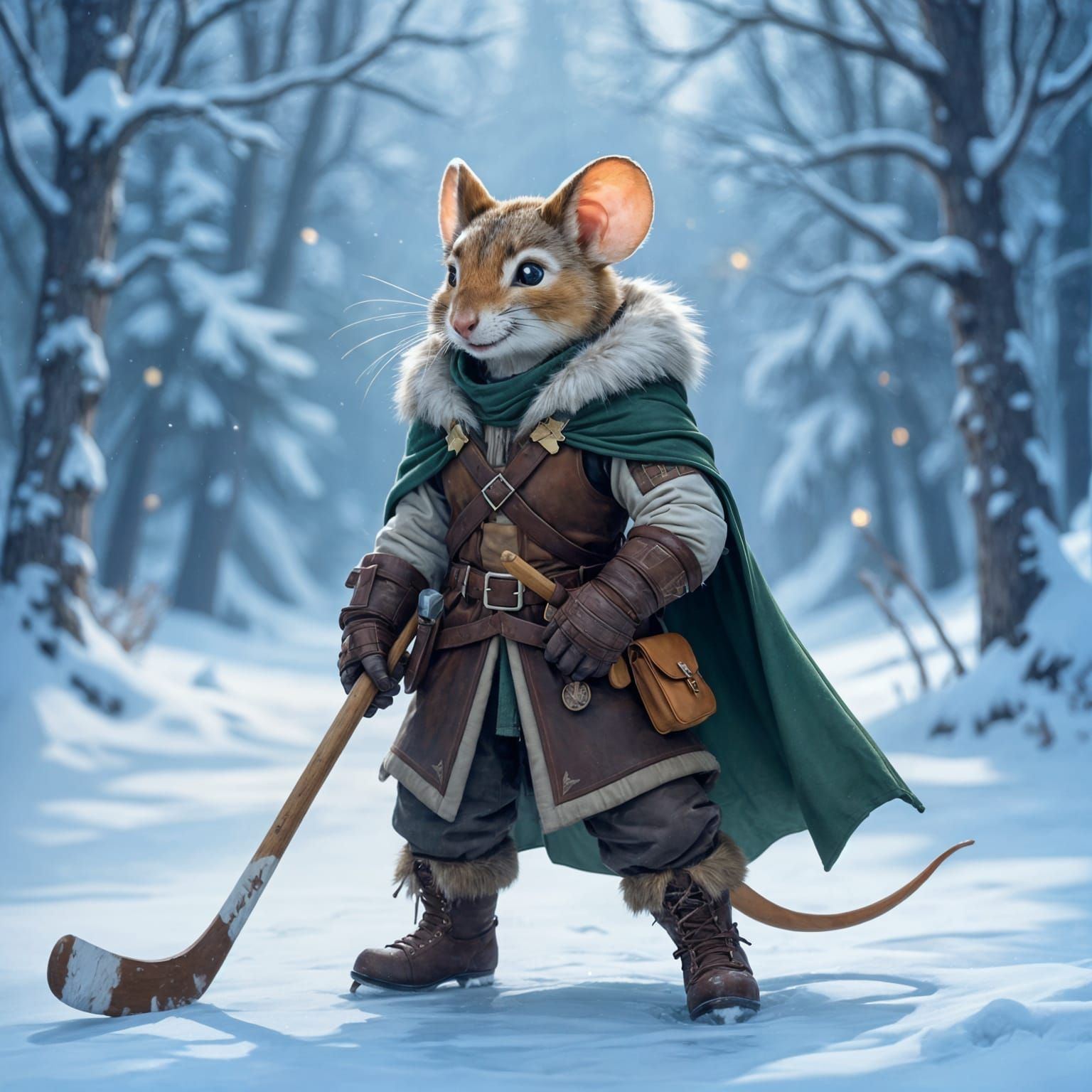 Anthropomorphic Mouse Adventurer Practices Hockey on Frozen ...