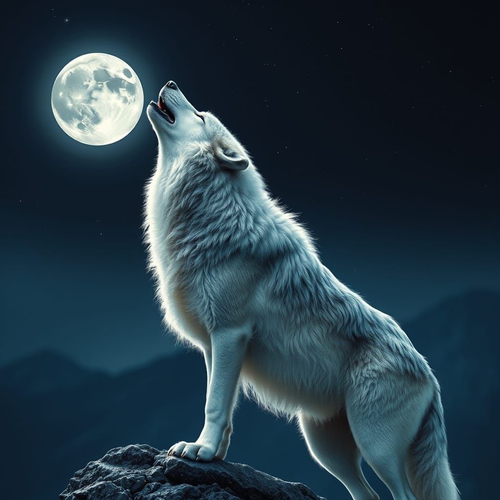 Majestic Silver Wolf Under Full Moon