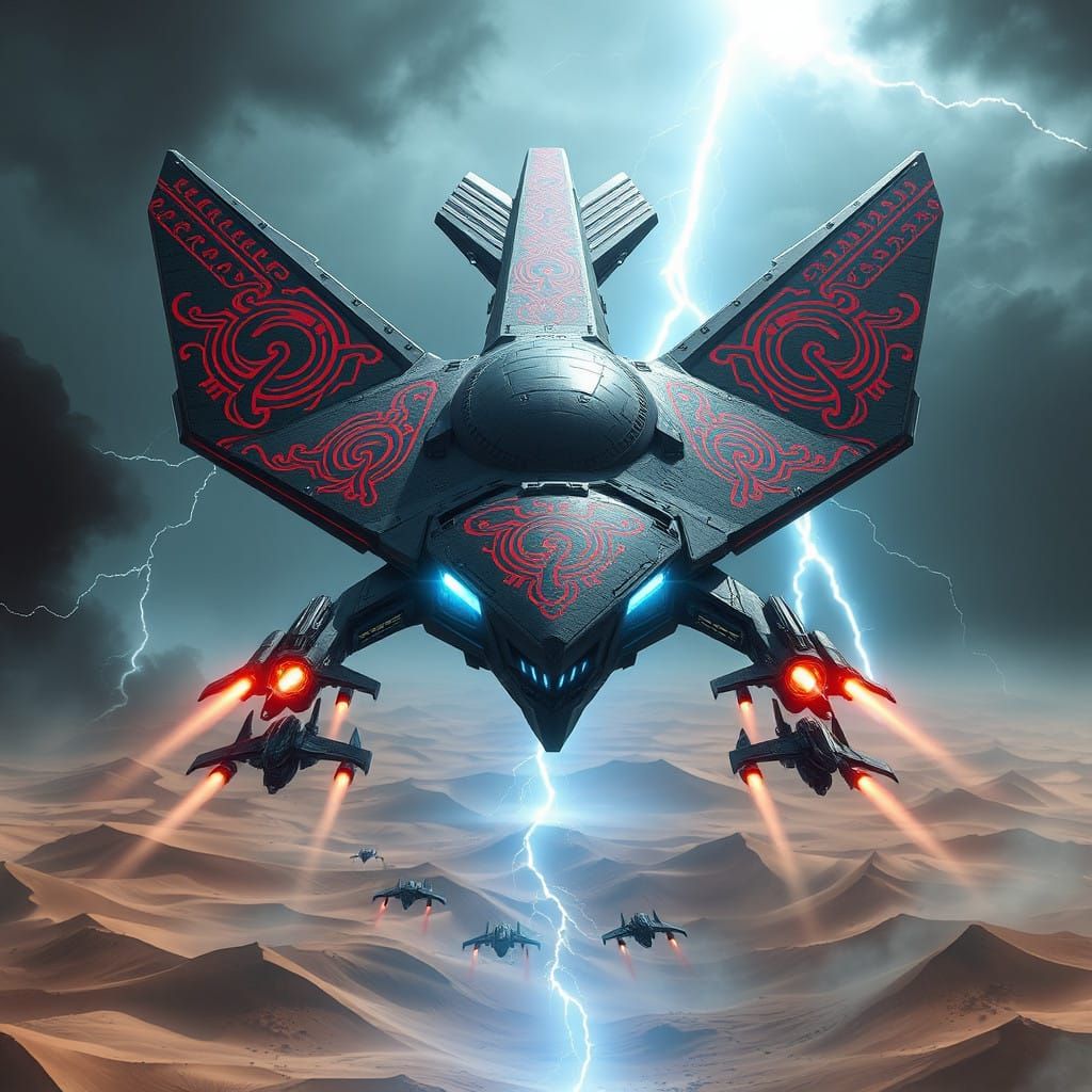 Colossal Warship Radiates Crimson Energy Over Desert Planet