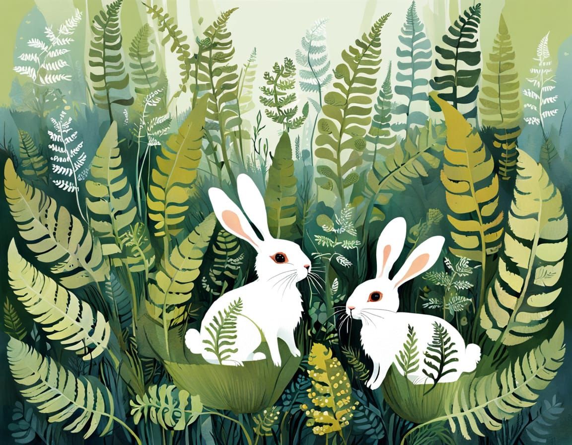 Rabbits Hiding in Whimsical Ferns Folk Art