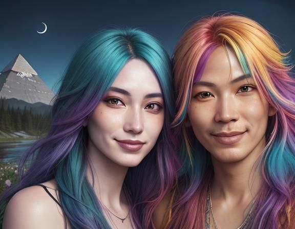 Woman with Colorful Hair in Surreal Landscape