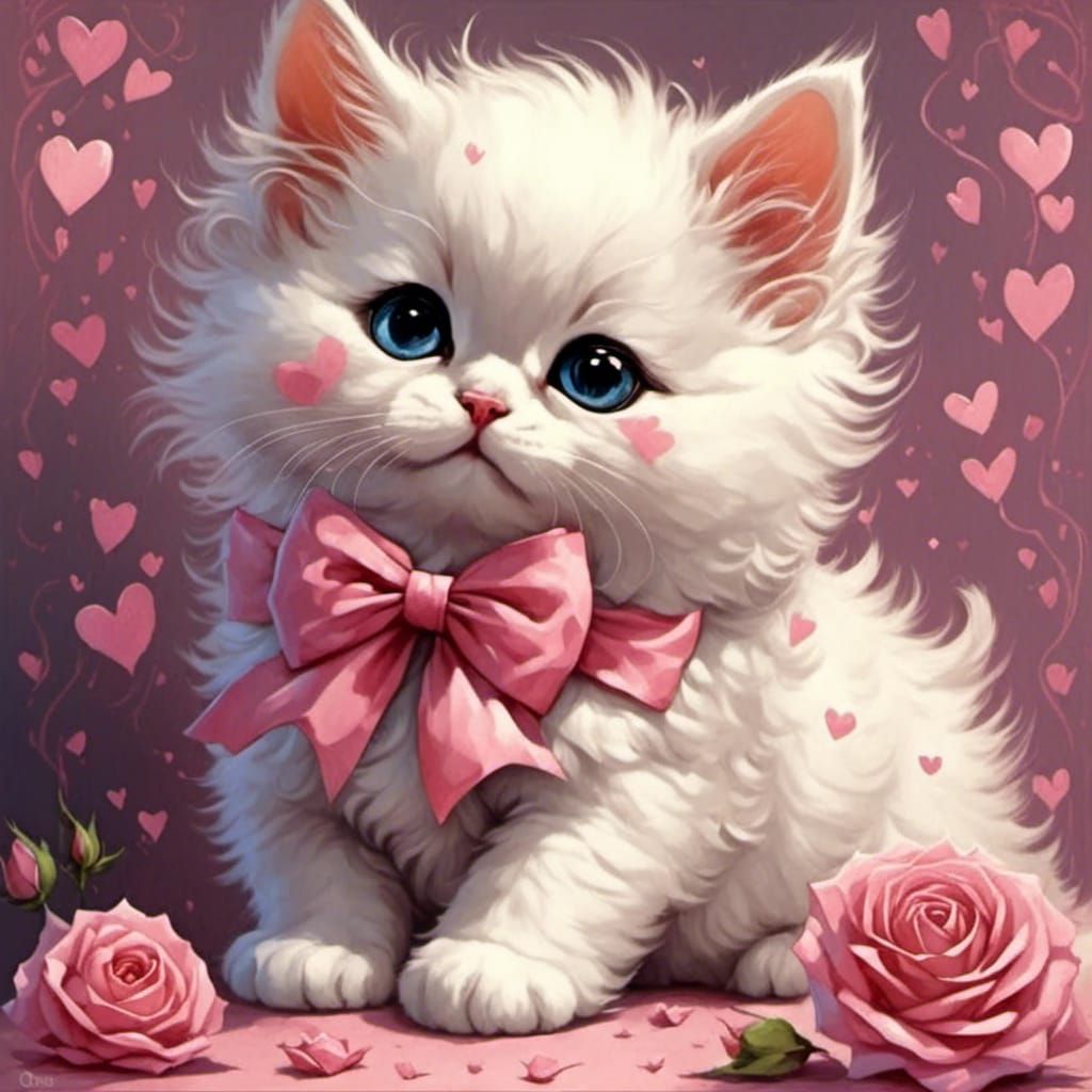 Valentine Cat with Pink Bow and Rose