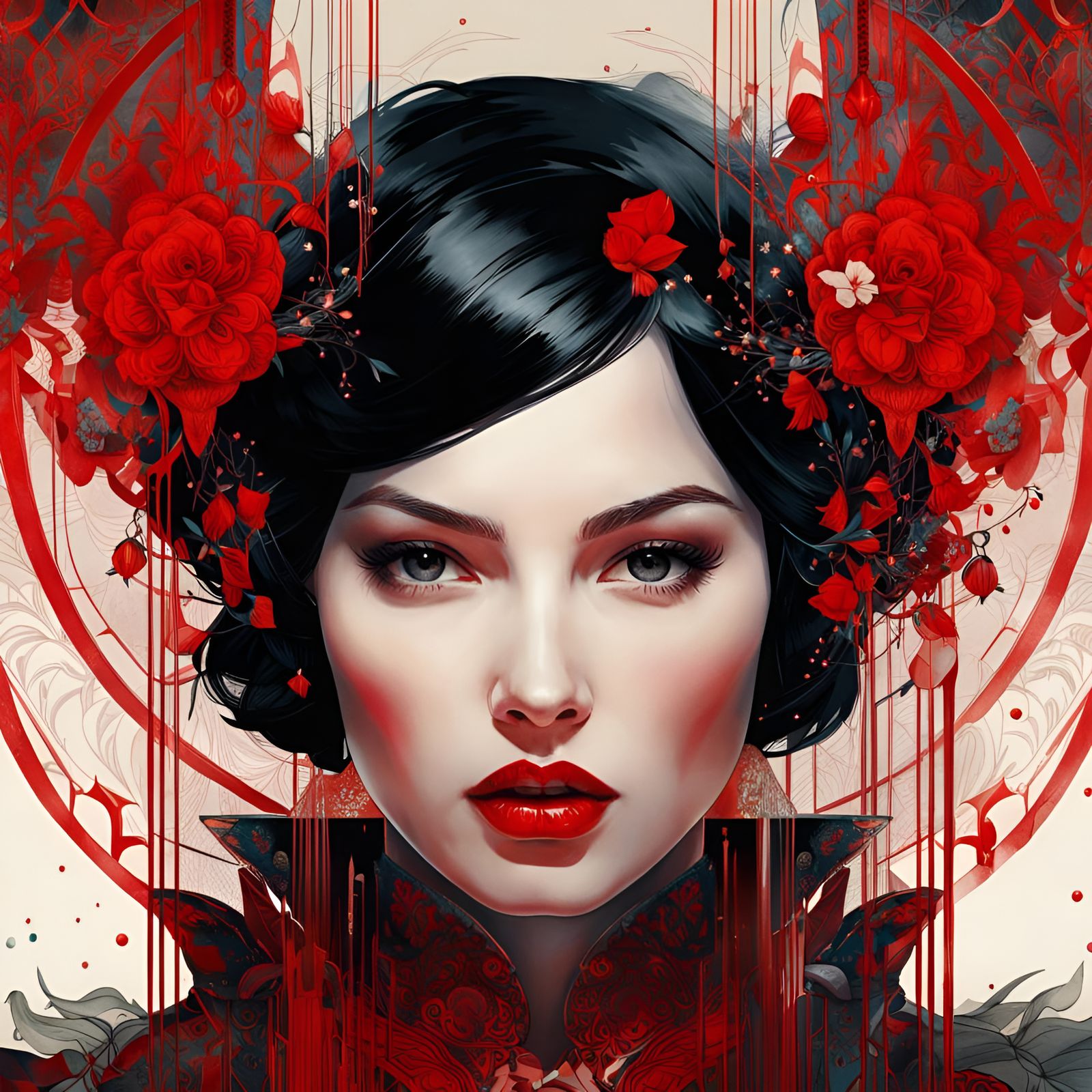 Snow White Portrait with Red Filigree, Digital Art