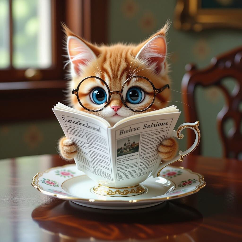 Ornate Coffee Cup Reads Newspaper, Whimsical Illustration