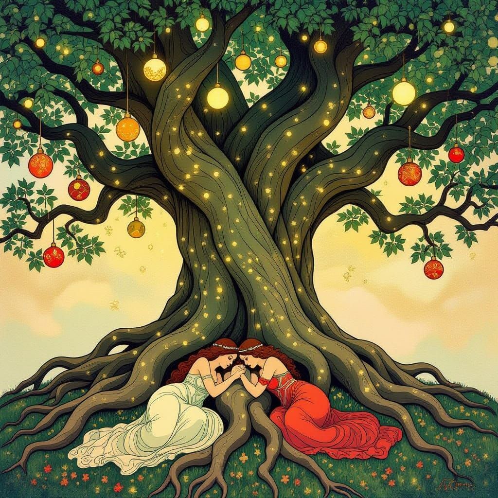 Ancient Tree of Lovers with Luminous Ornaments