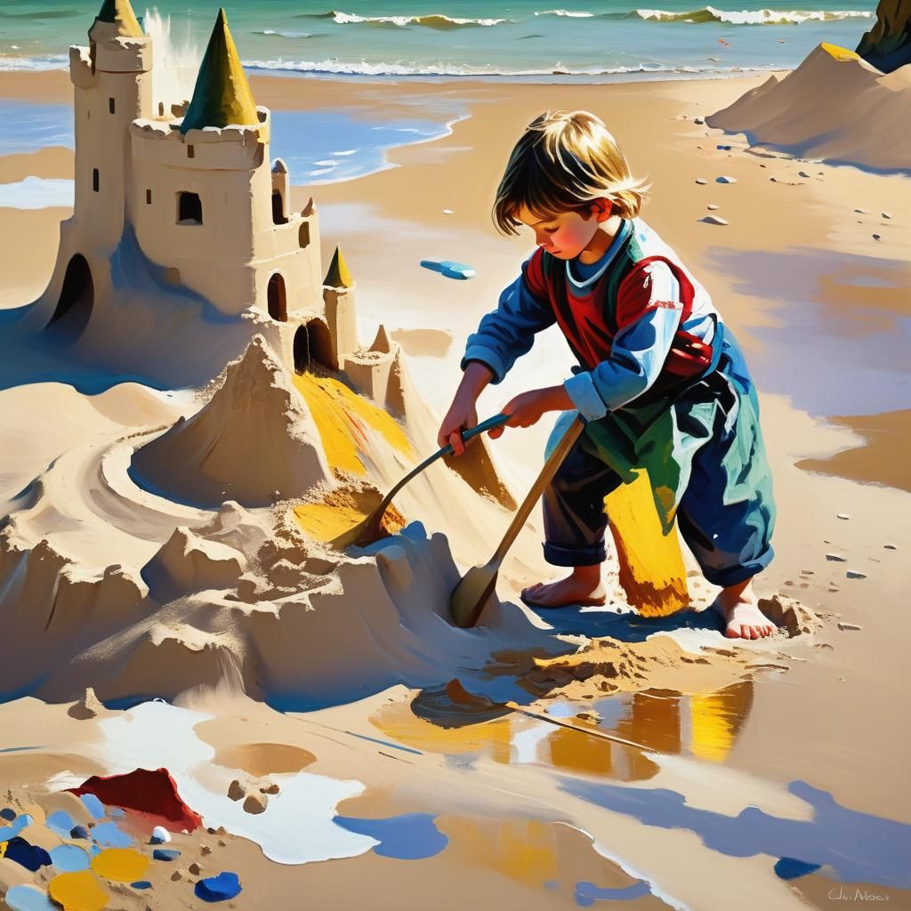 Child Builds Sandcastle: Expressionist Oil Painting