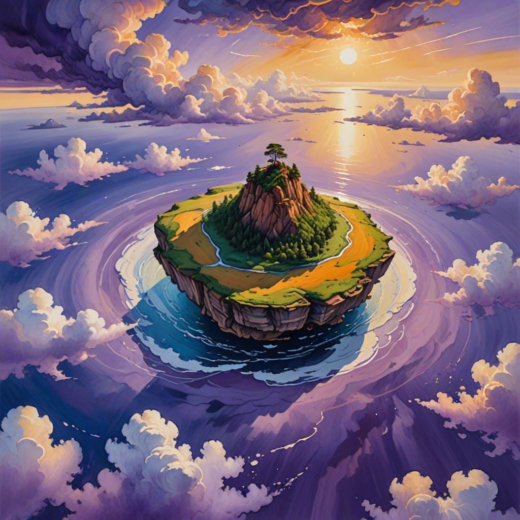 Floating Sky Island in Impressionistic Gouache Painting