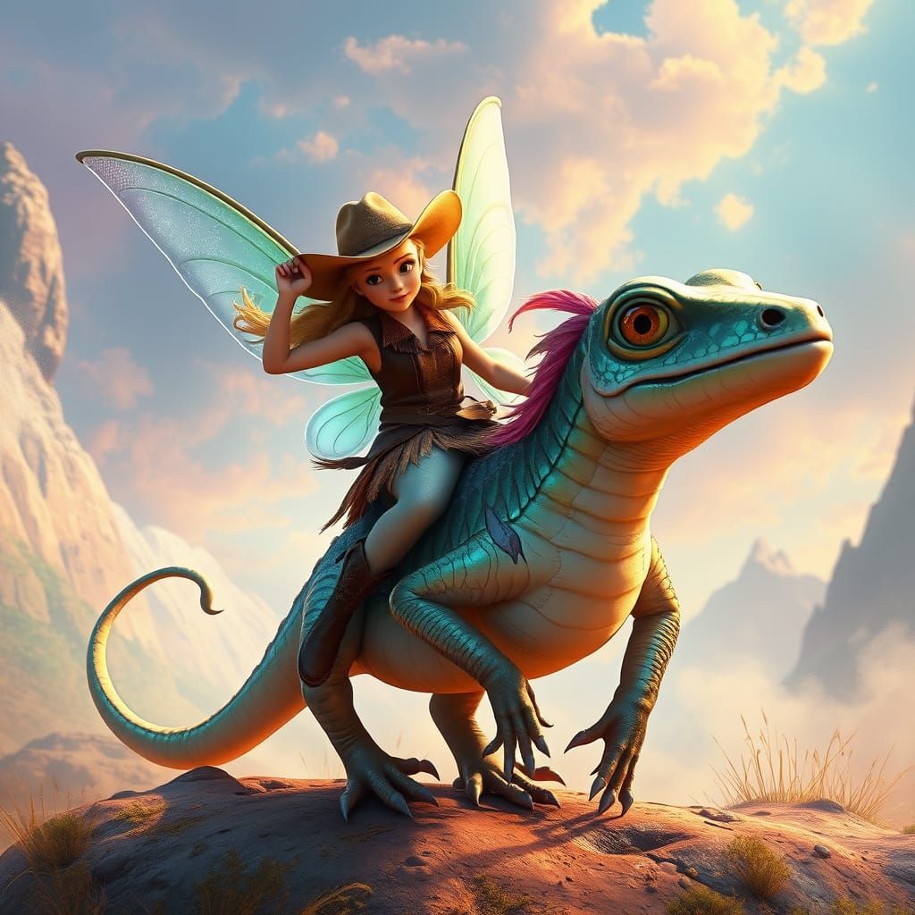 Tinkerbell dressed as a cowgirl rides a gheko #2