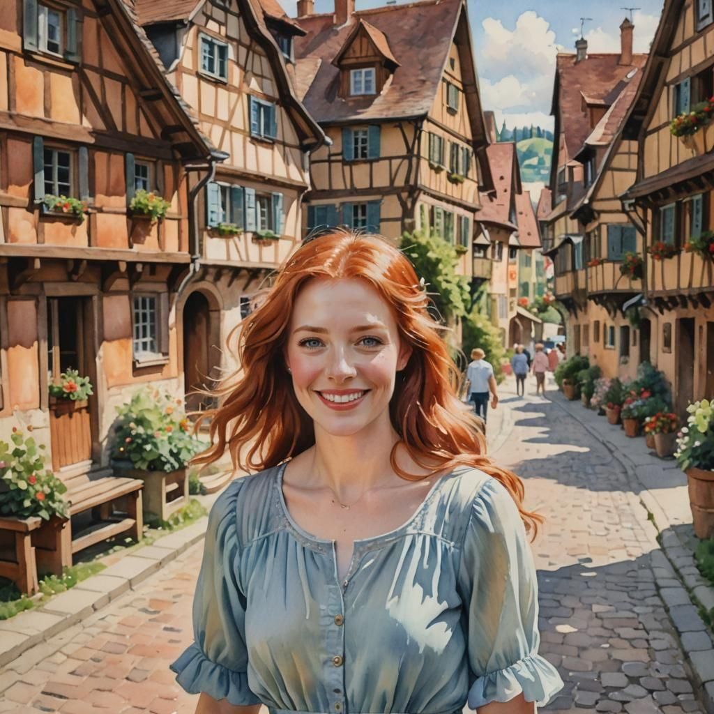 Woman in Alsatian Town: Watercolor Style