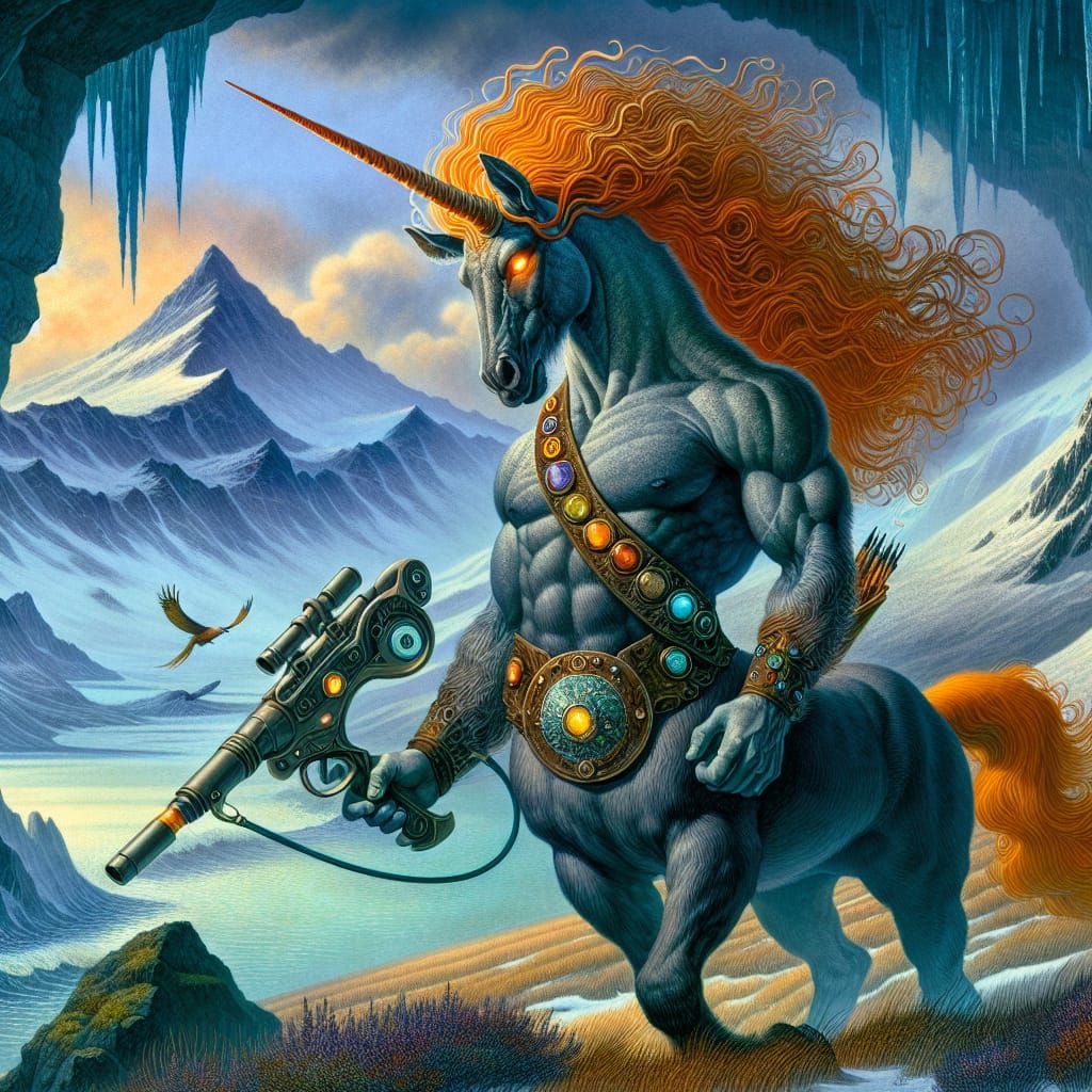 Male Centaur with Laser Cannon in Mountain Cave