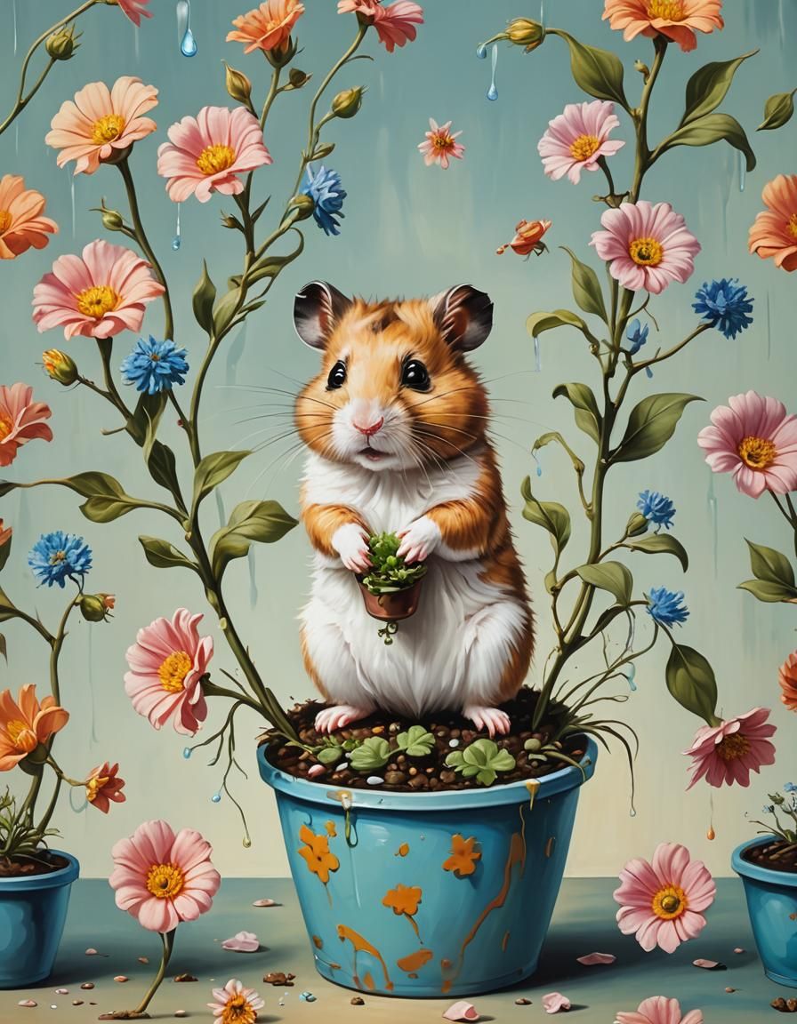 Hamster in Flower Pot, Surrealist Oil Painting