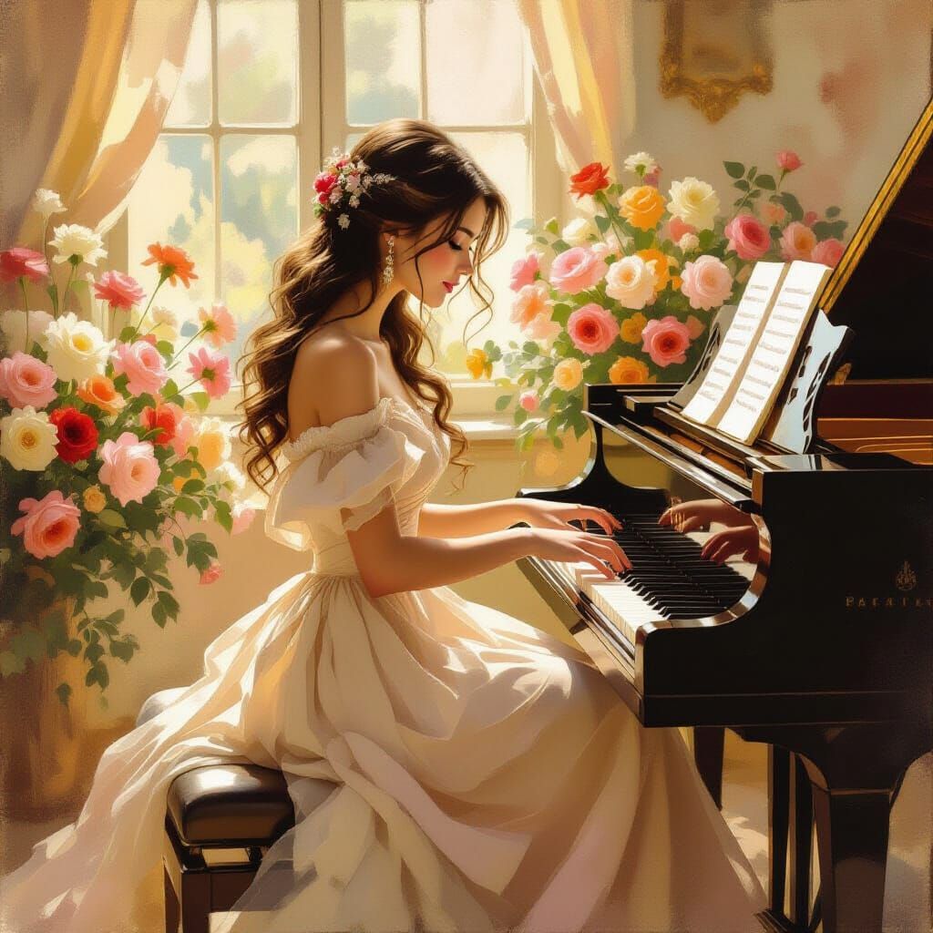 Woman at Piano in Impressionist Style