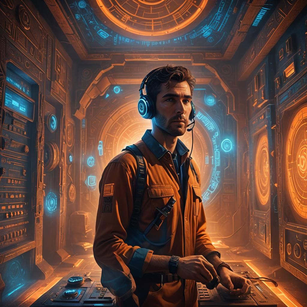 Retro Radio Man in Mystical Chamber: Fantasy Art