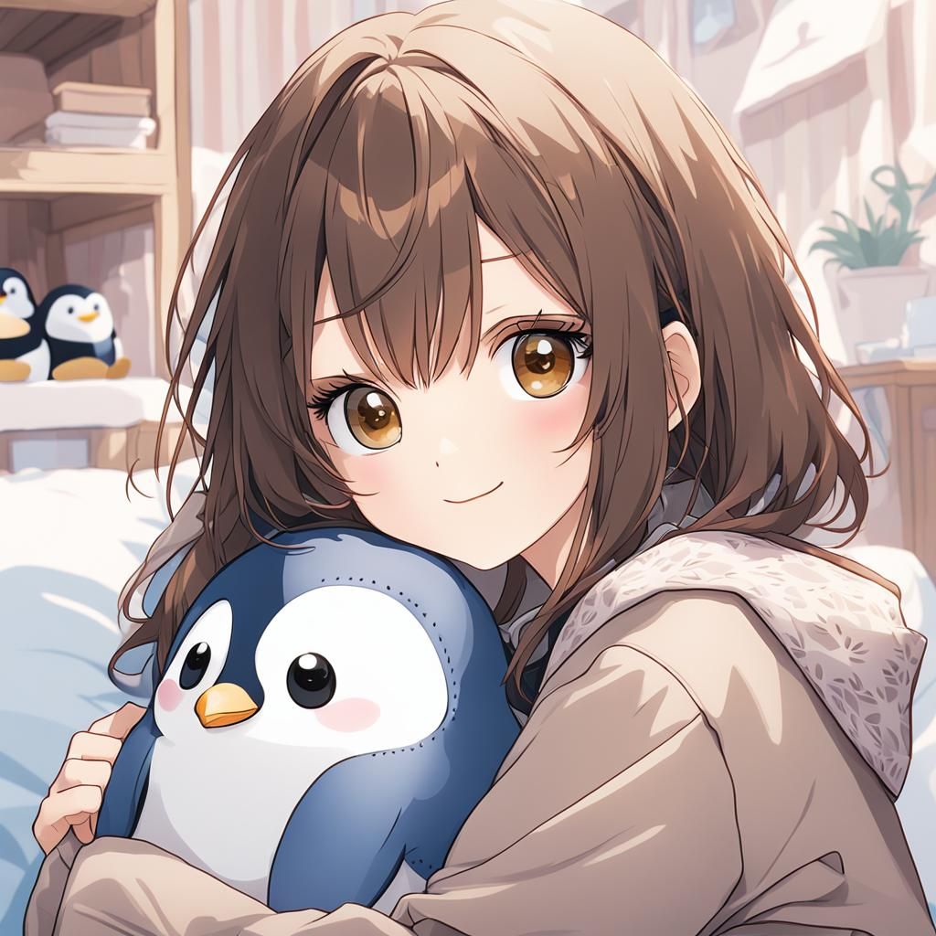 Cute Anime Girl Cuddling Penguin Plushie