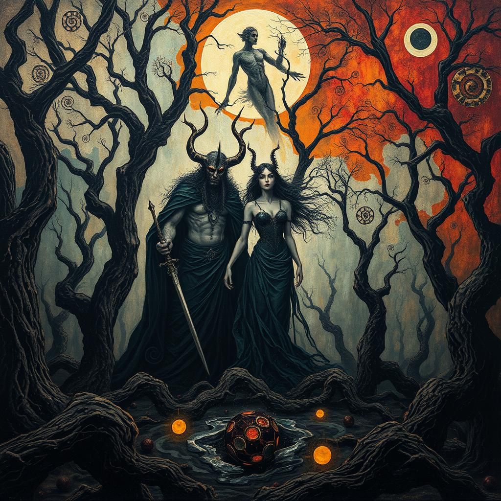 Hades and Persephone in Dark Sylvan Landscape