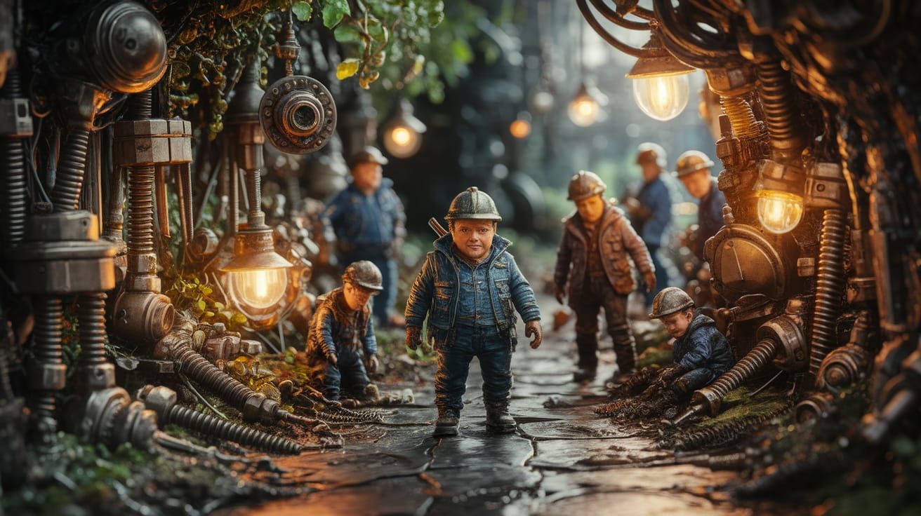 Dieselpunk Miniature Workers in Mechanical Garden