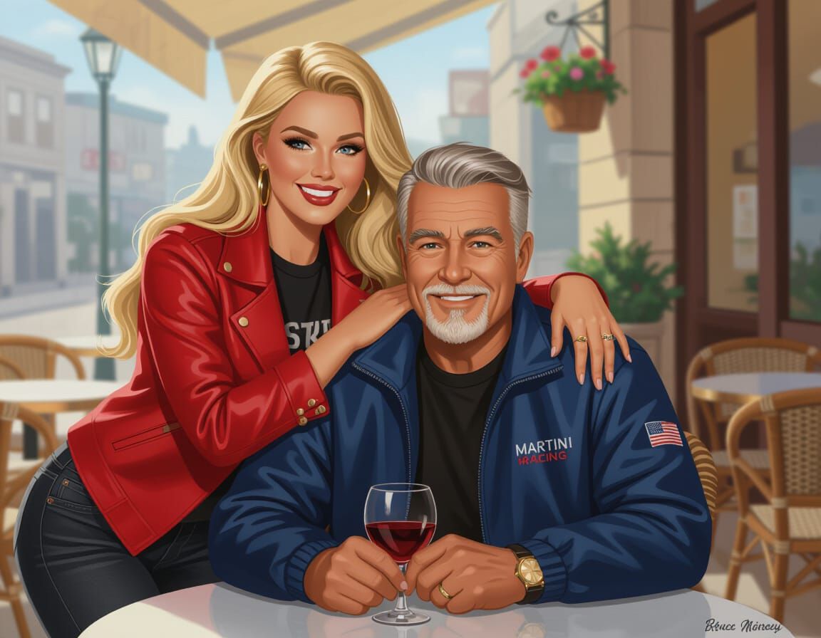 Pinup Model Hugs Father at Outdoor Cafe