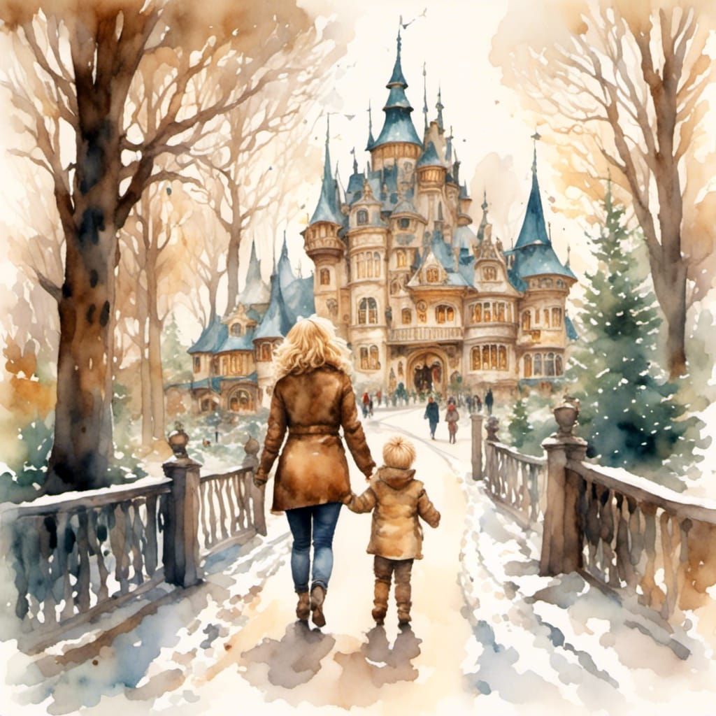Watercolor of Mother and Son at Winter Park