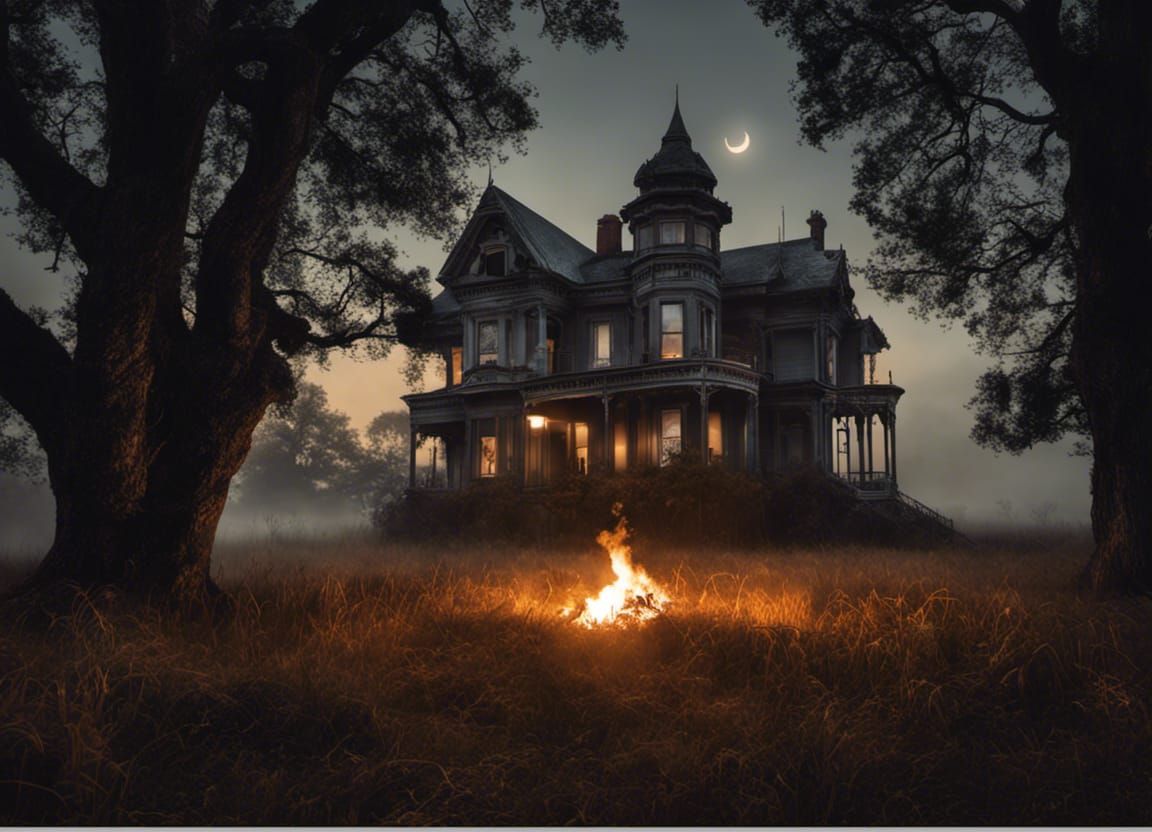 Derelict Victorian House with Bonfire at Midnight