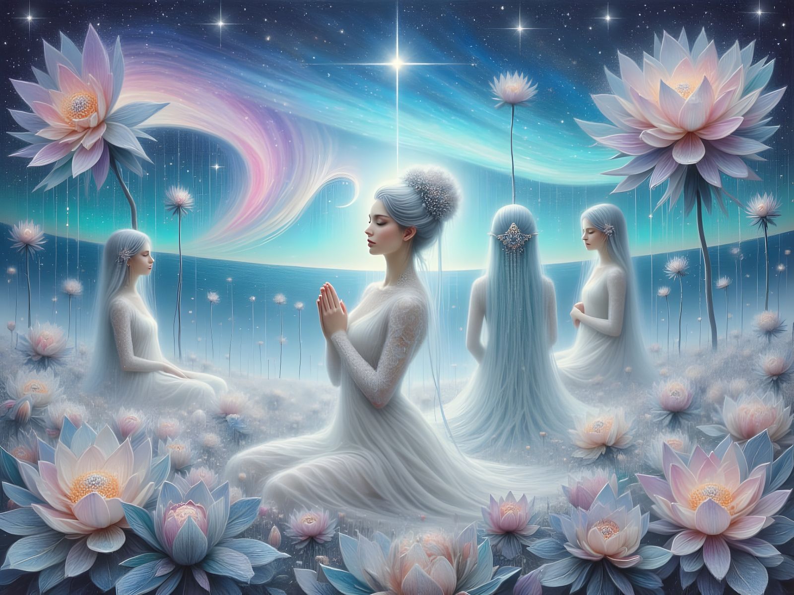 Crystalline Flowers Bloom Under Swirling Auroras