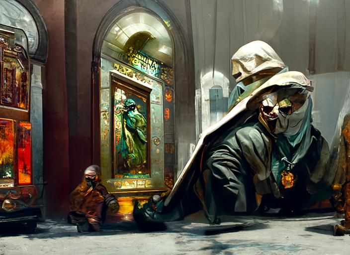 Criminal intent bank robbery sinister by Greg Rutkowski oil painting by James Gurney hyperdetailed Unreal Engine trendin...