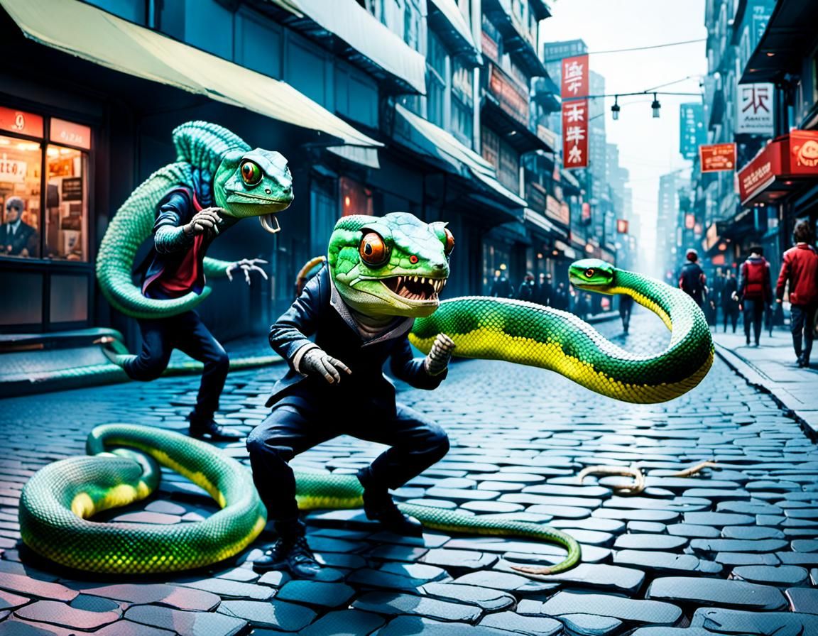 Humanoid Chameleon vs Snake Street Fight