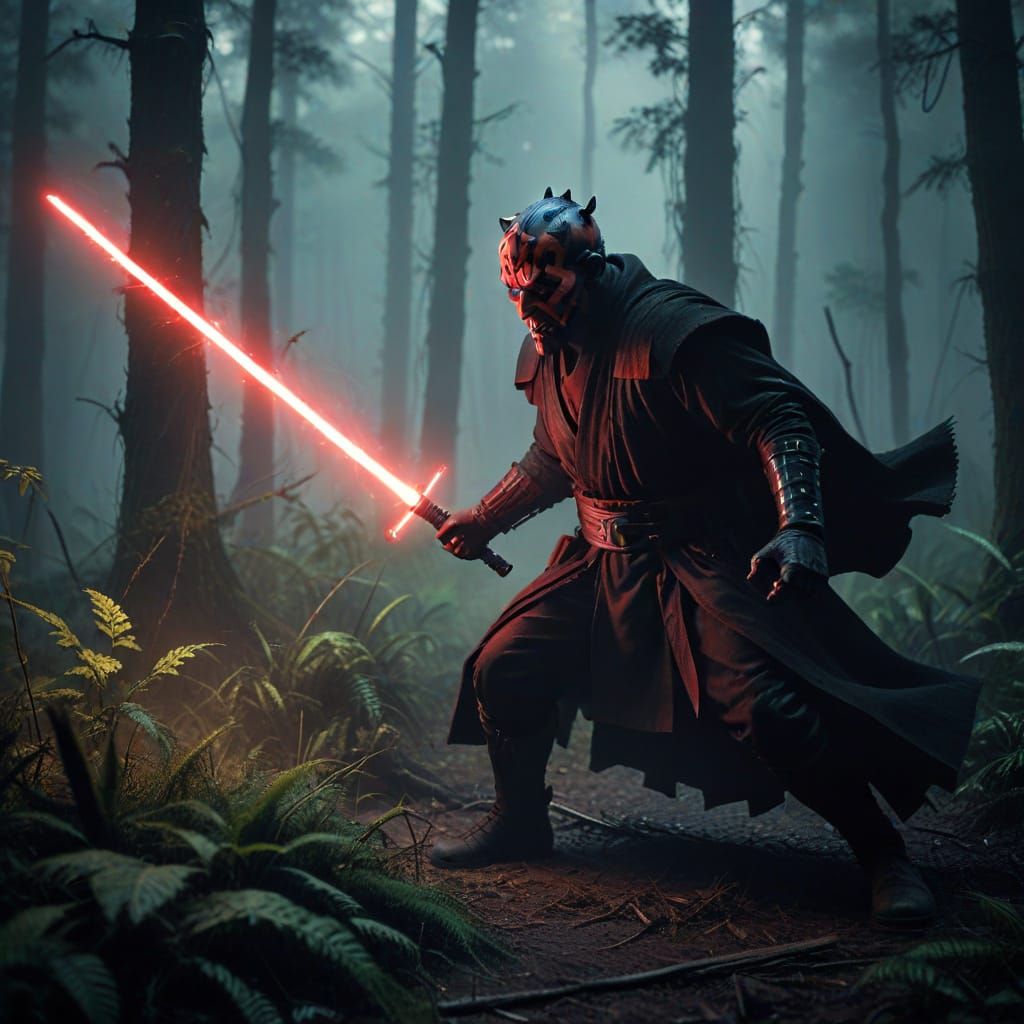 Epic Lightsaber Duel in Dark Fantasy Style