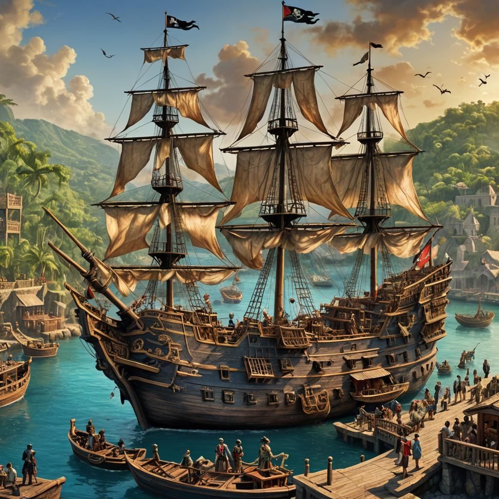 The impressive pirate ship 'Satisfaction' anchored before th...