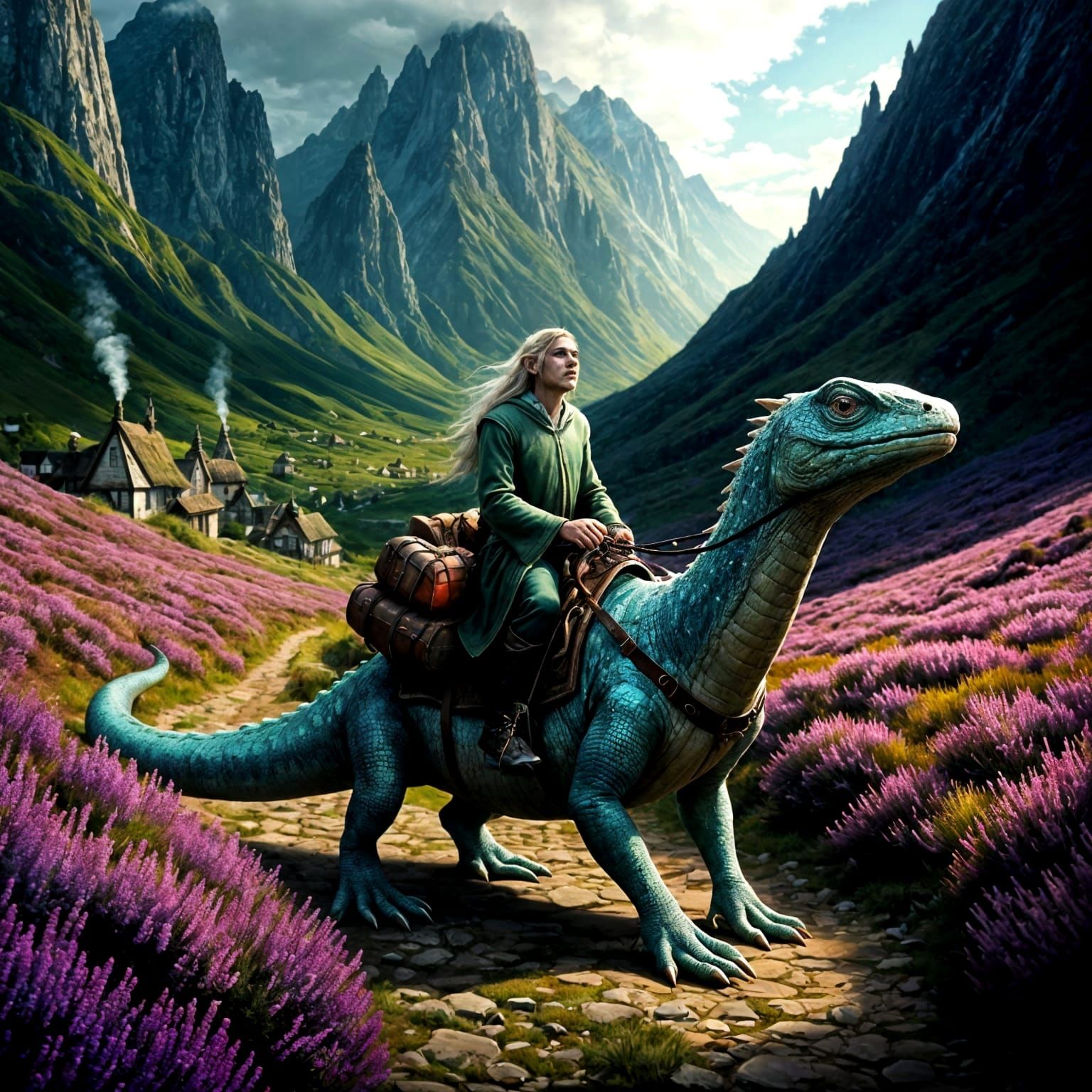 Epic Elven Rider on Majestic Reptile amidst Heather and Cott...