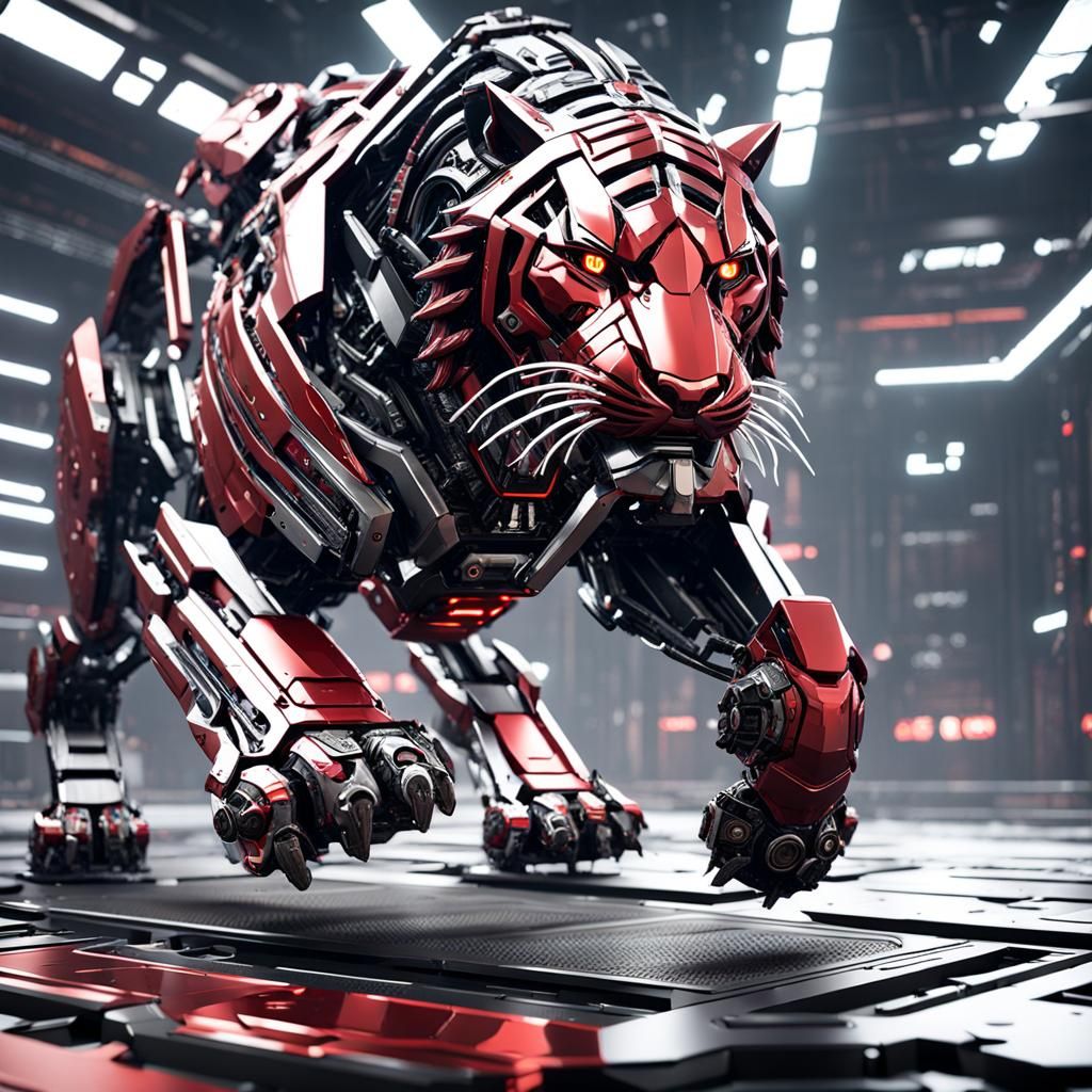 Futuristic Red and Black Tiger with Mech Details
