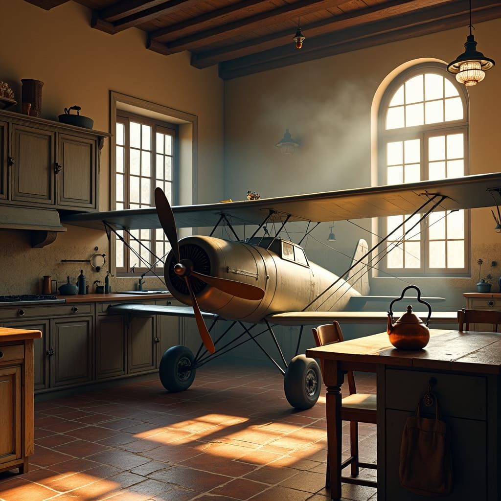 Biplane in Kitchen: A Vintage Matte Painting
