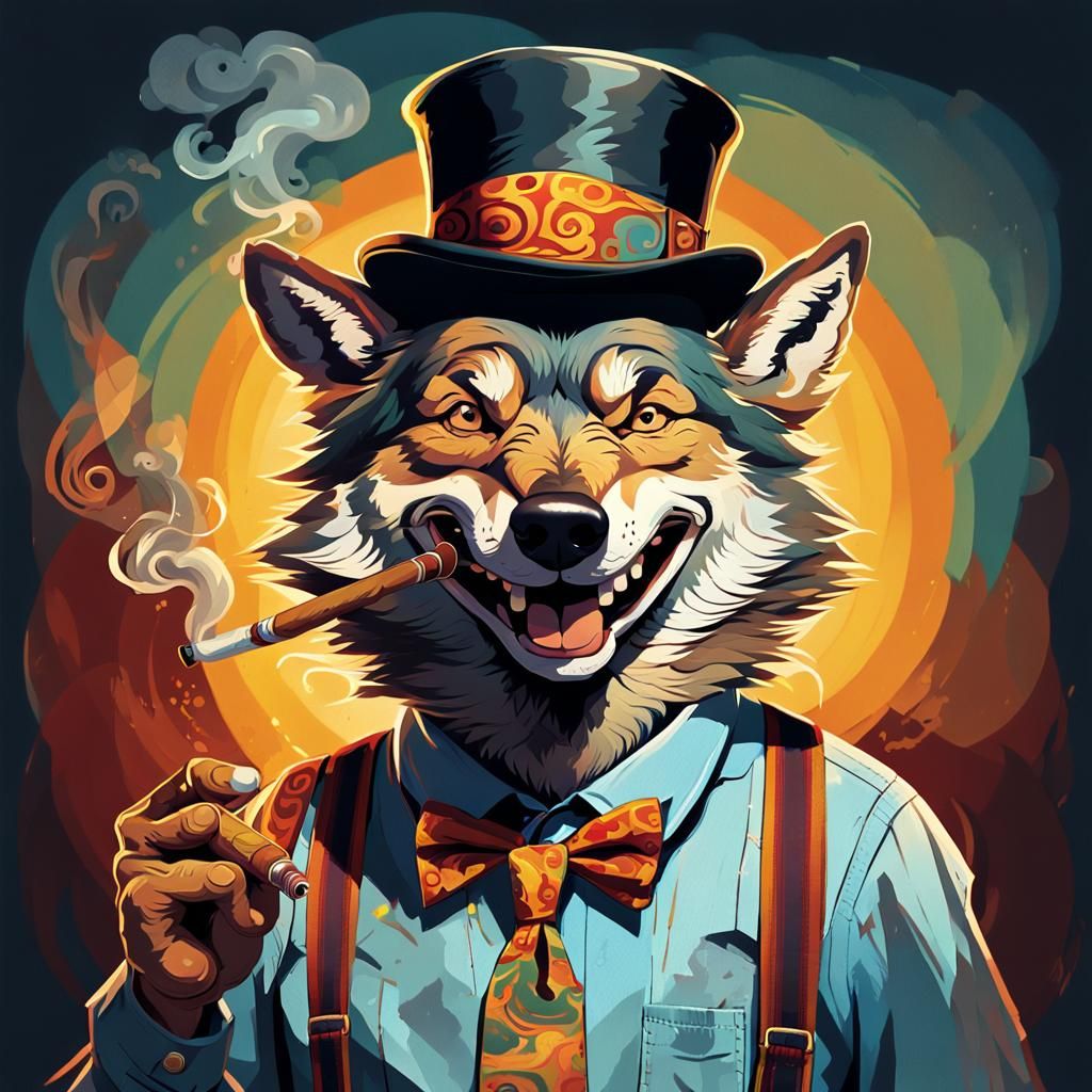 Cartoon Hobo Wolf Smoking Cigar in Golden Light