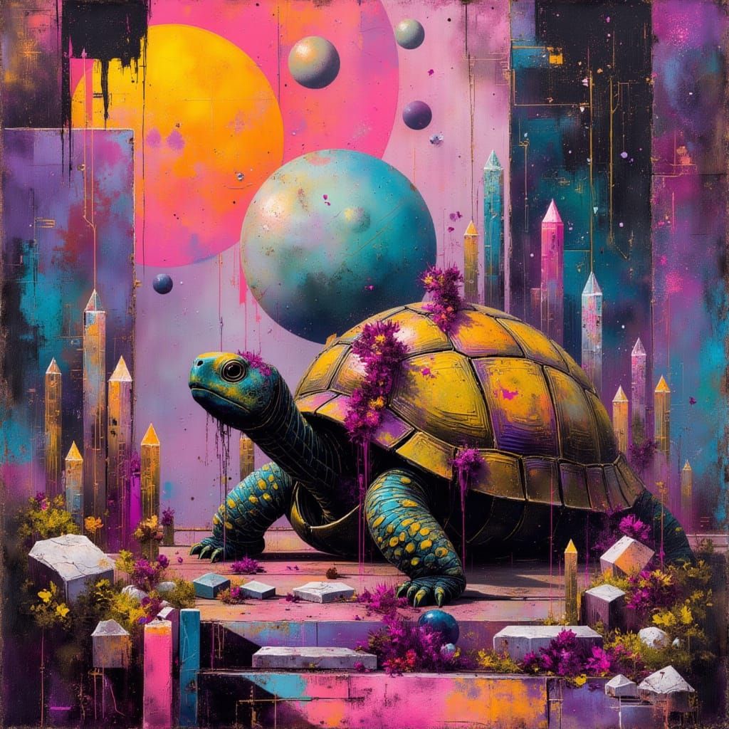 Robotic Tortoise in Dystopian Pop Art Landscape