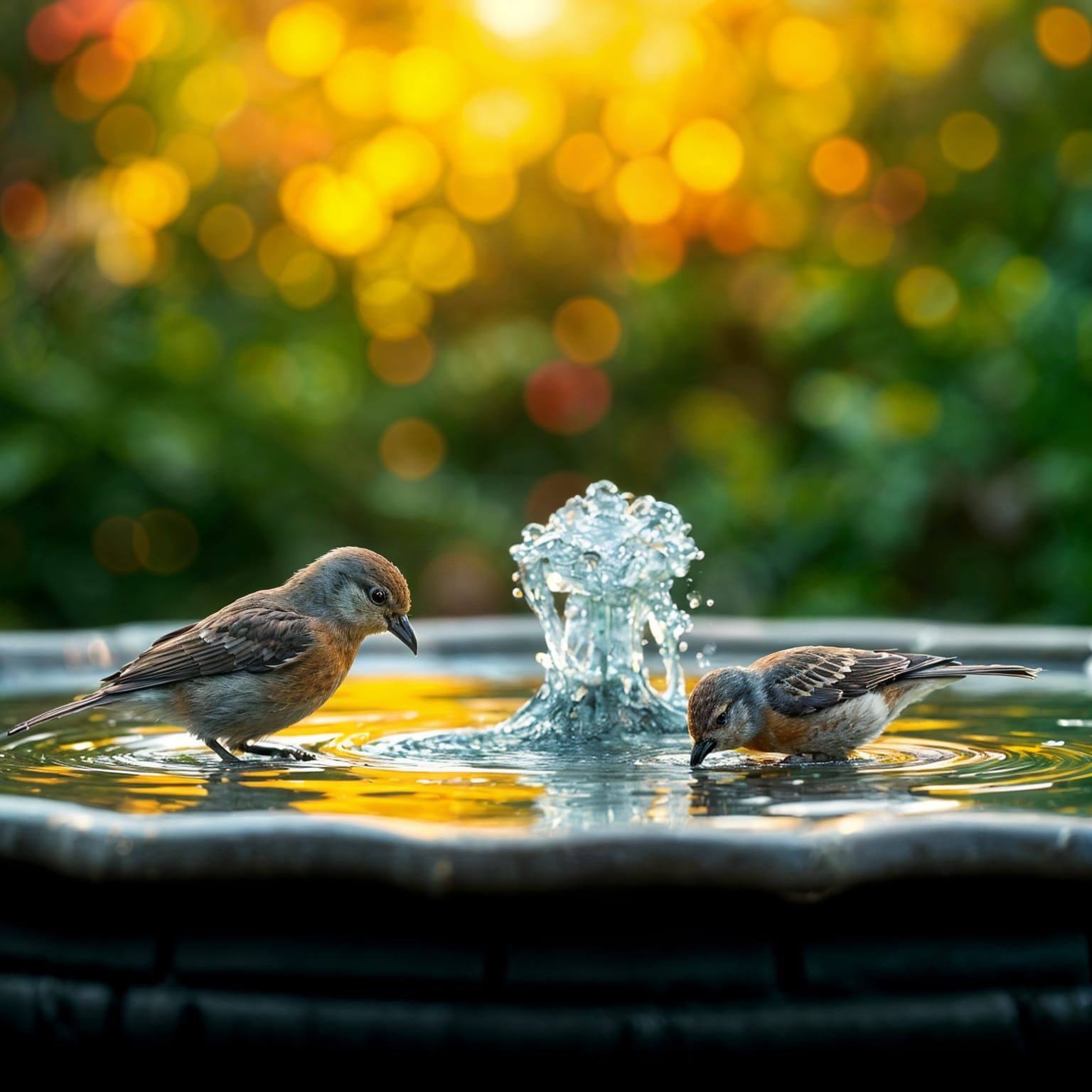 Birds Drinking at Fountain, Hyperrealistic Photography