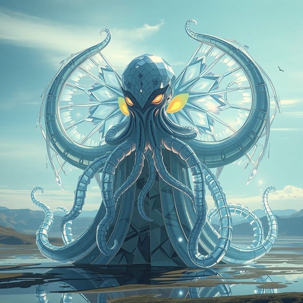 Glass Cthulhu Creature in Serene Landscape