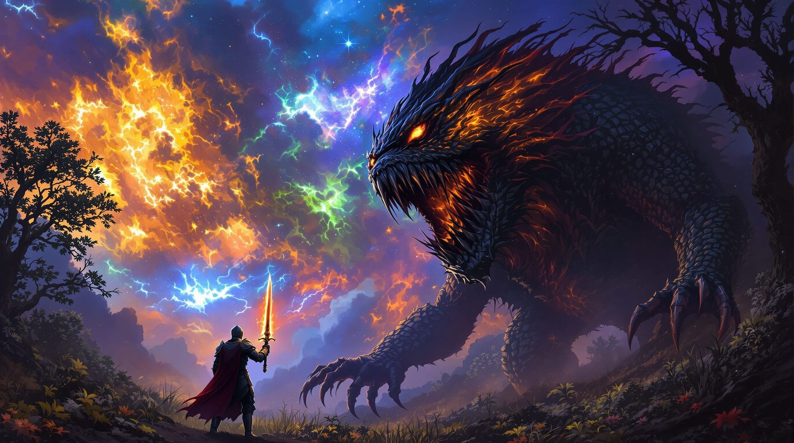 Jabberwock Battle in Cosmic Sky as Digital Painting