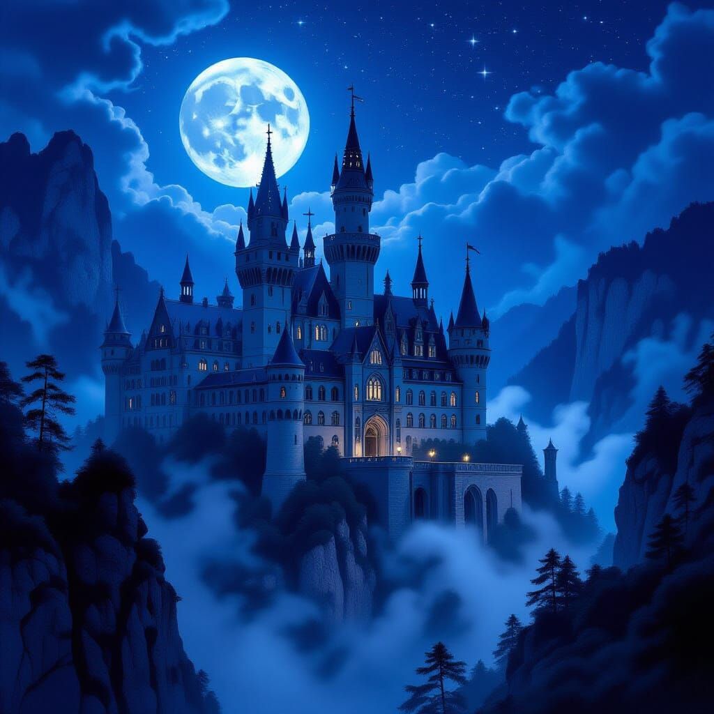 Gothic Castle on Cliffside Under Moonlight