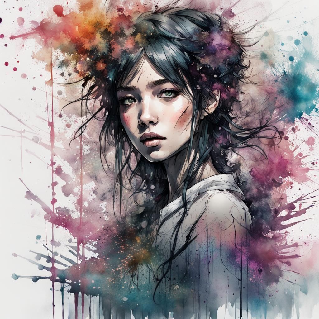 Ink Splatter Japanese Girl in Stylized Watercolor Art