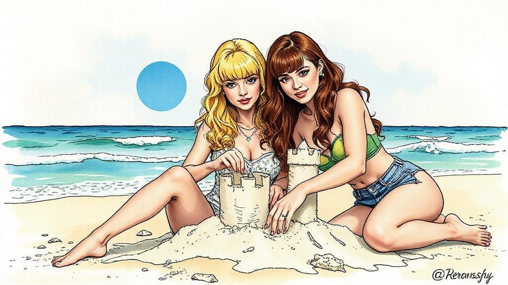 Betty and Veronica Beach Pin-Up As Watercolor Sketch