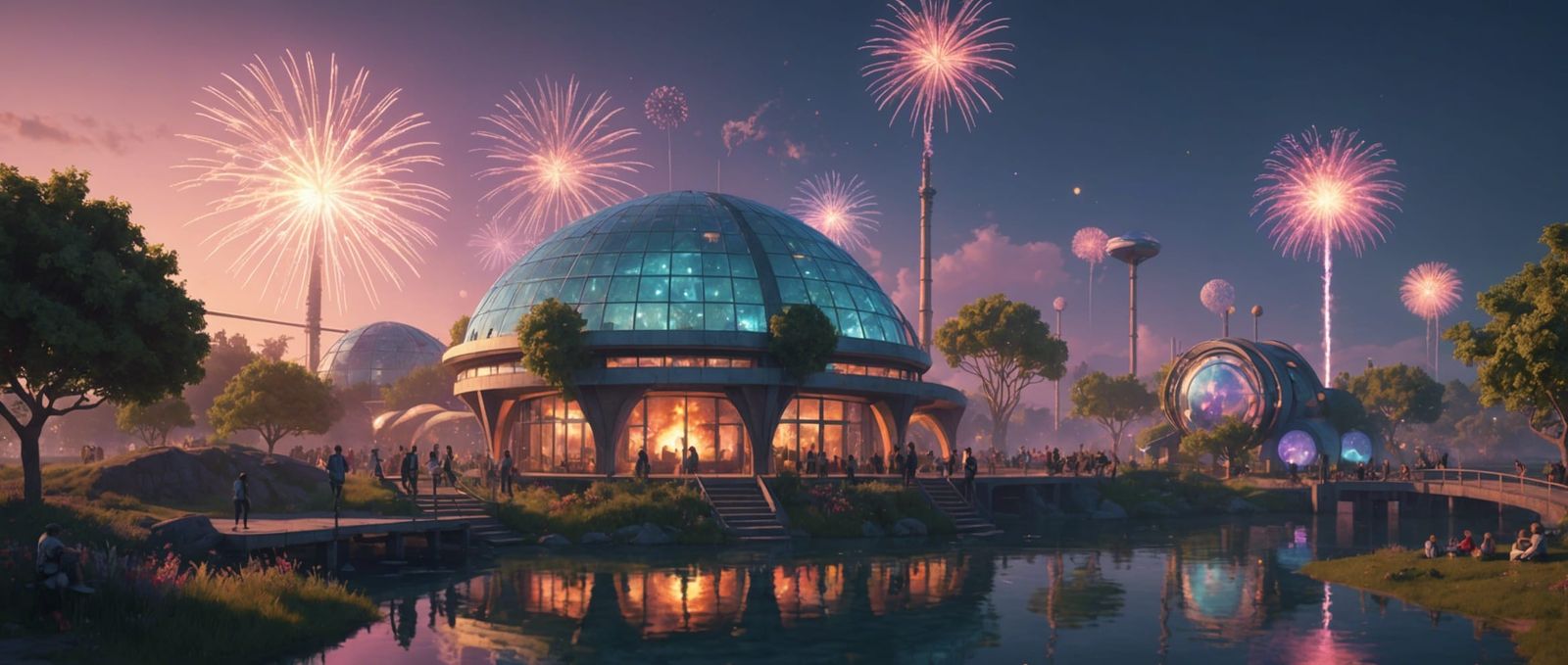 Solarpunk Utopia Island with Dreamcore Architecture
