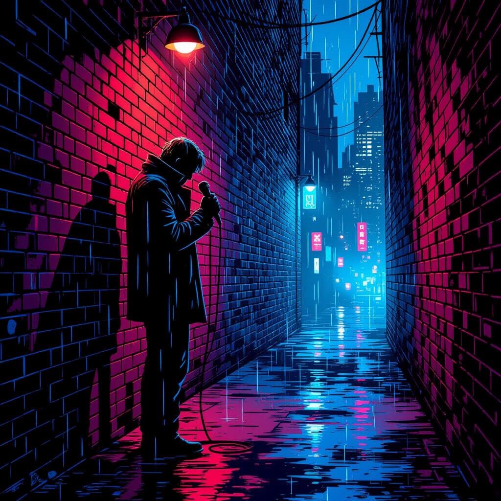 Lone Figure with Microphone in Neon Alleyway